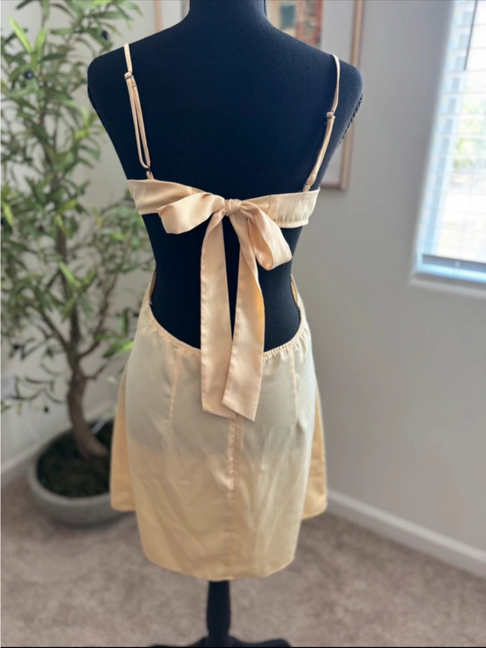 La Hearts Pale Yellow Satin Slip Dress with Spaghetti Straps - Picture 3 of 6